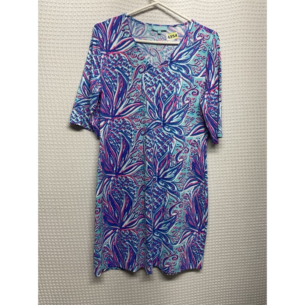 Anthonys Resort Wear Dress Size Medium BluPink 3/4 Sleeve Stretch Beach Tropical